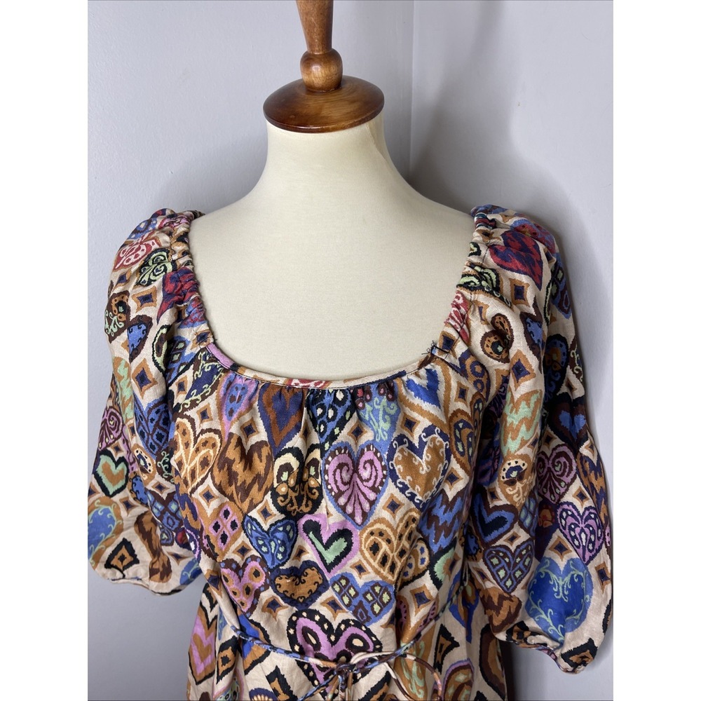 NEW FARM RIO Cream Hearts Ikat Puff Sleeve Dress Sz Small - Picture 7 of 11